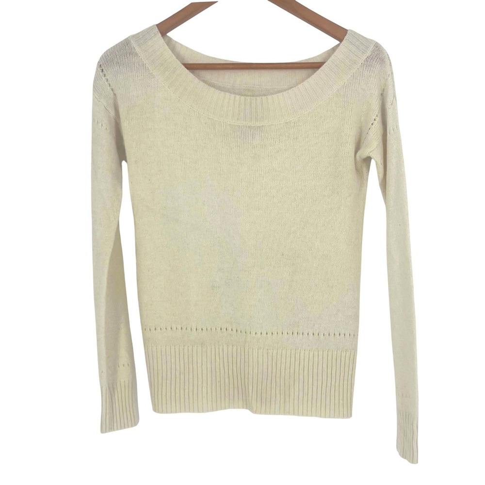 American Eagle Sweater Cream Scoop Neck Pointelle Knit Long Sleeve Womens XS